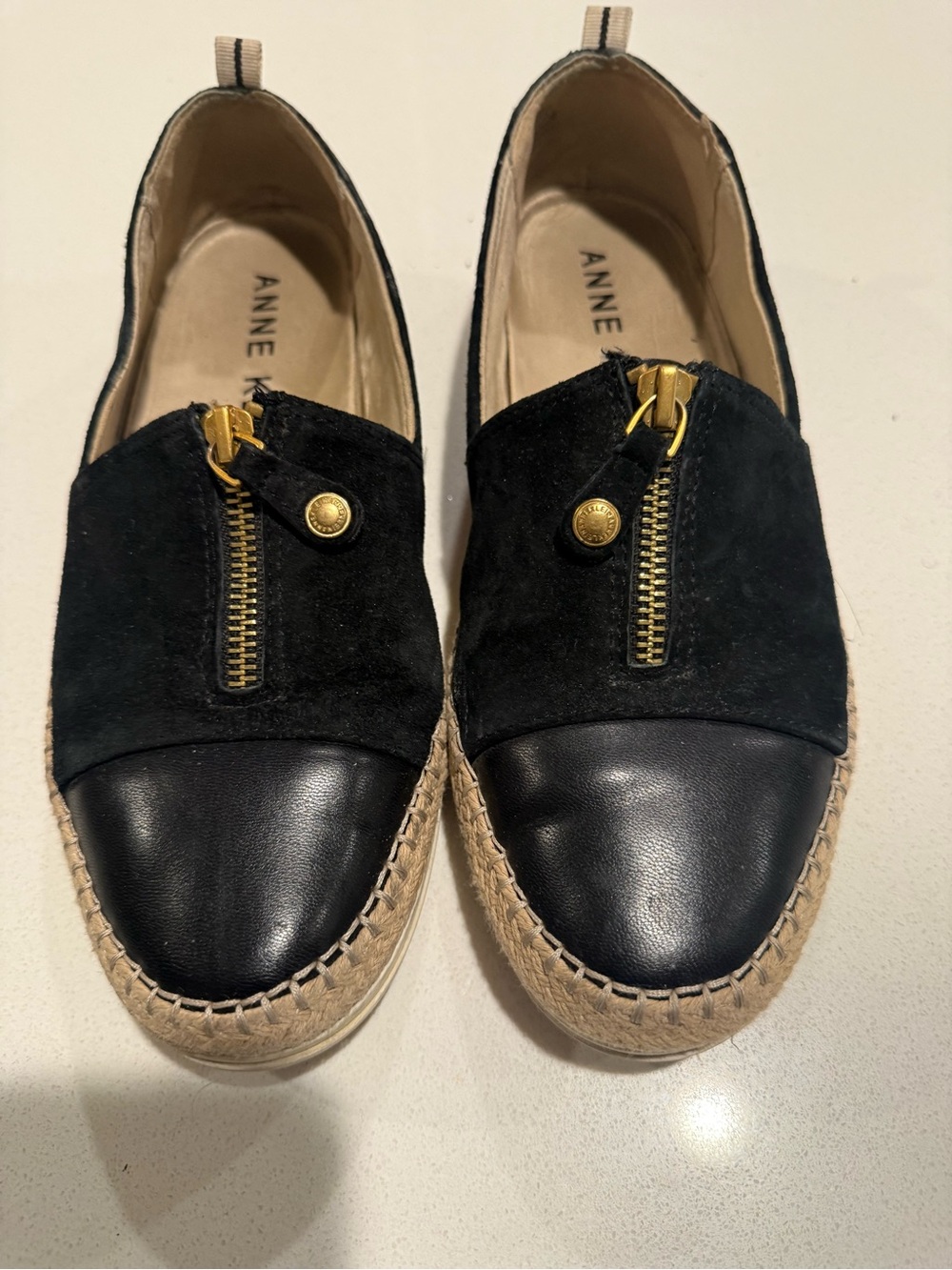 Anne Klein Black Suede and Leather Espadrille with Gold Zip